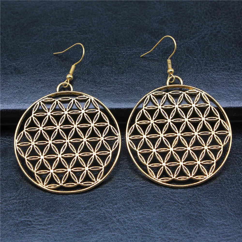 Boucles d'Oreilles Grand Disque Fleur de Vie Doré