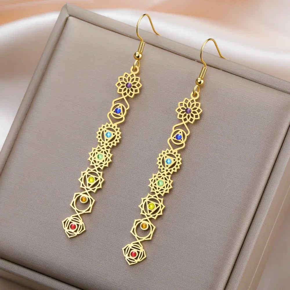 Boucles d'Oreilles Longues Symboles des 7 Chakras