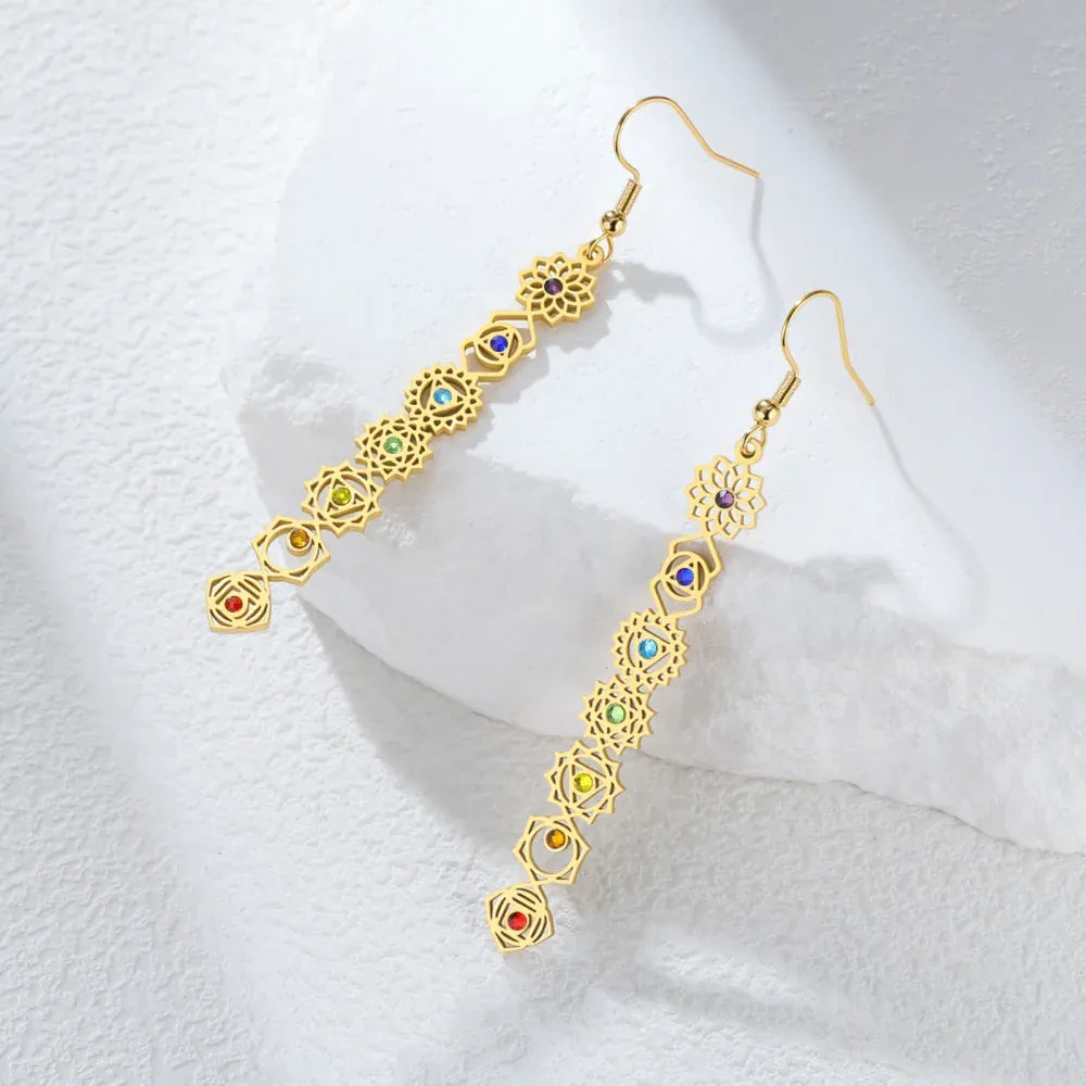 Boucles d'Oreilles Longues Symboles des 7 Chakras
