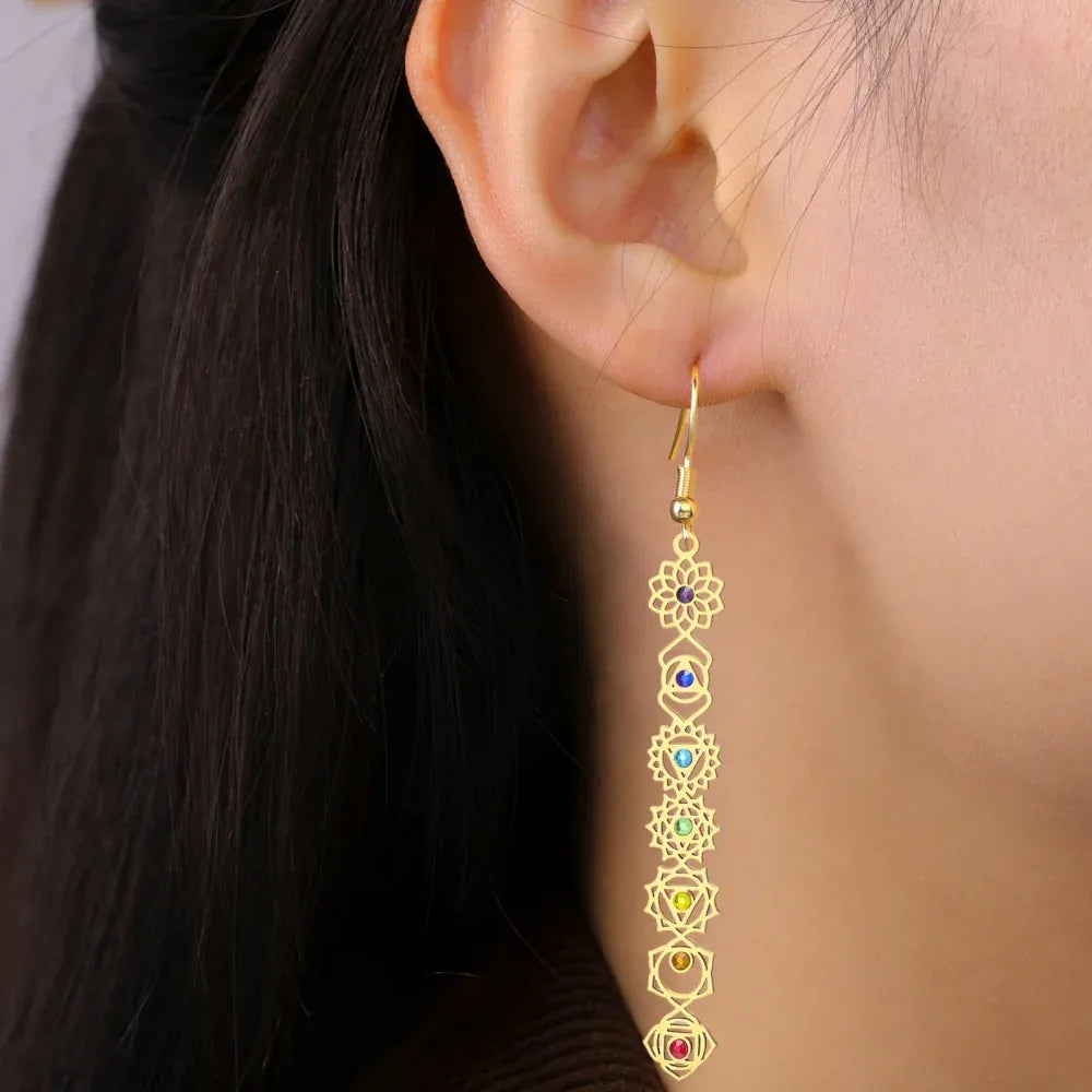 Boucles d'Oreilles Longues Symboles des 7 Chakras