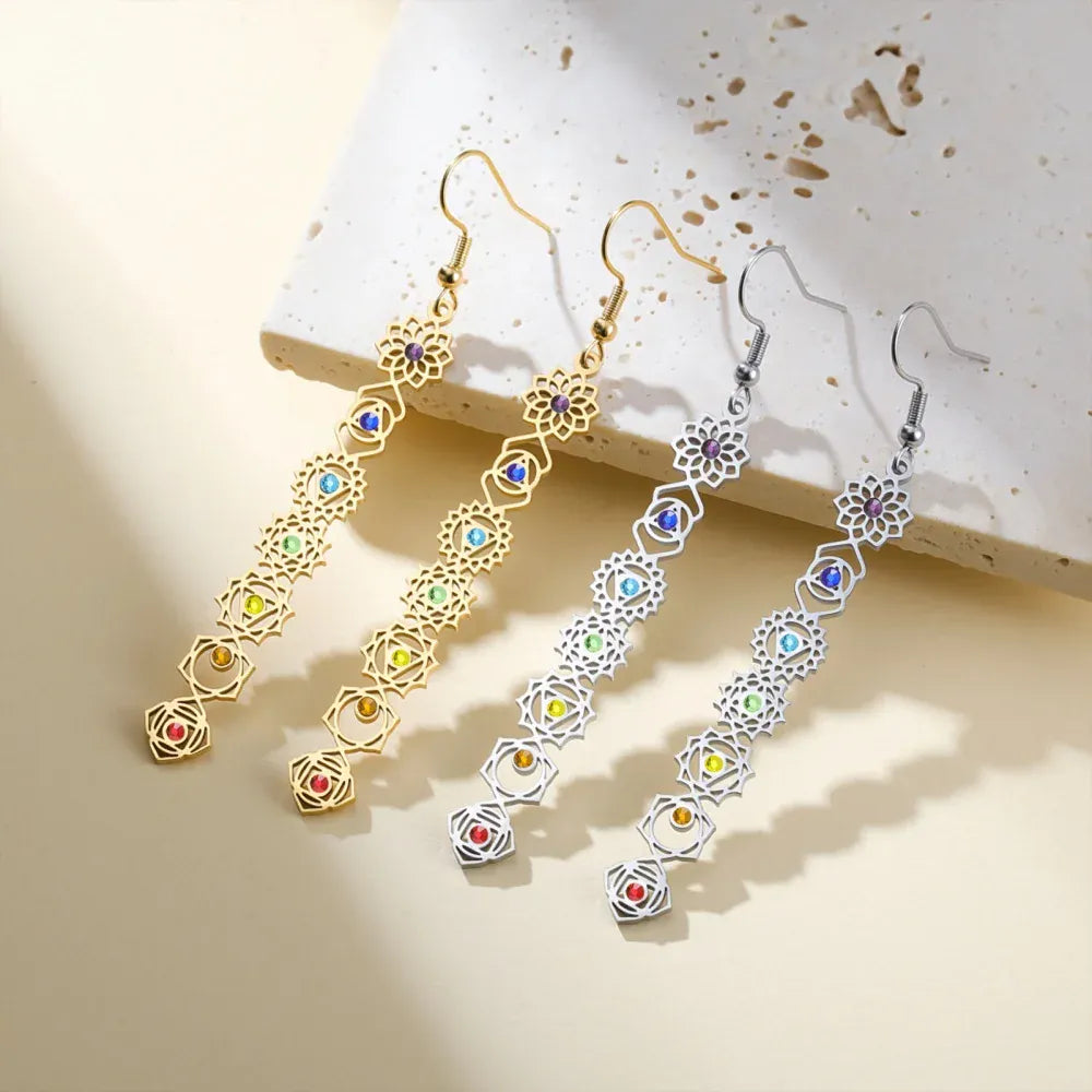 Boucles d'Oreilles Longues Symboles des 7 Chakras