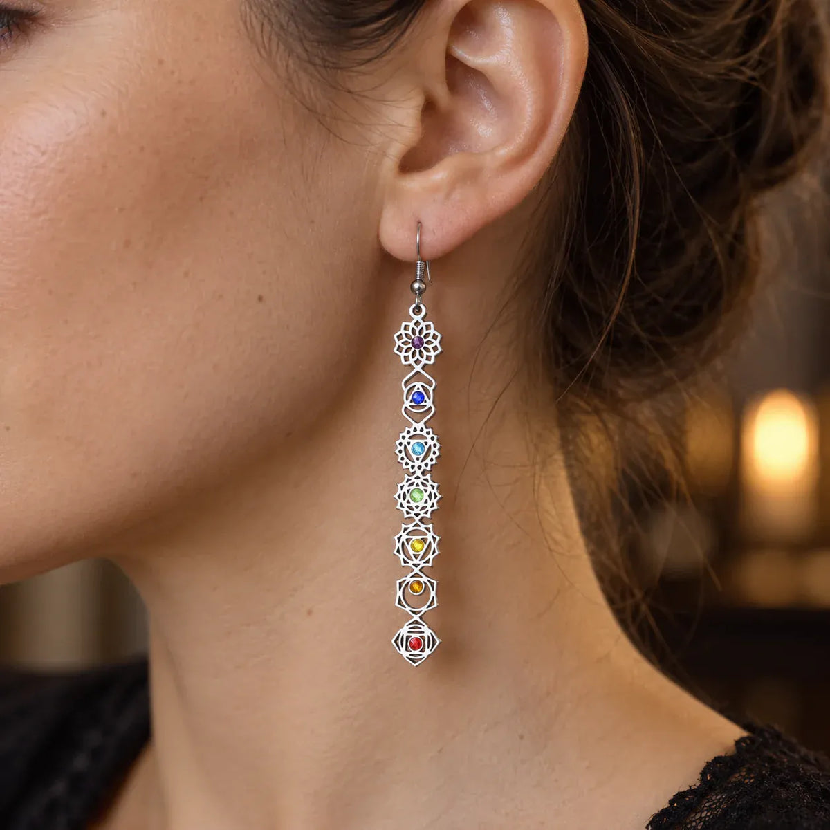 Boucles d'Oreilles Longues Symboles des 7 Chakras