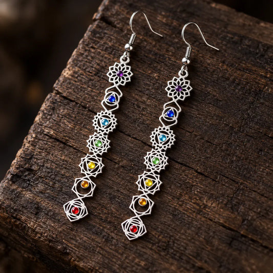 Boucles d'Oreilles Longues Symboles des 7 Chakras