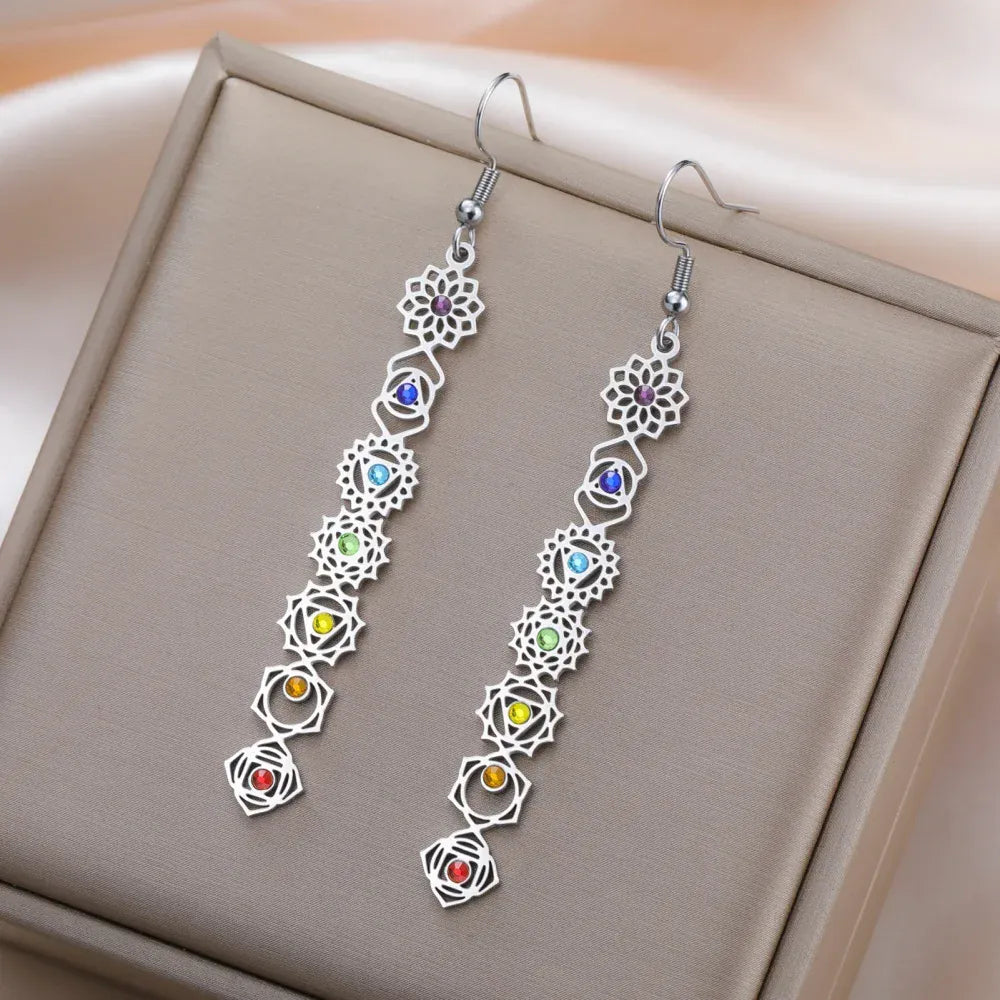 Boucles d'Oreilles Longues Symboles des 7 Chakras Argenté