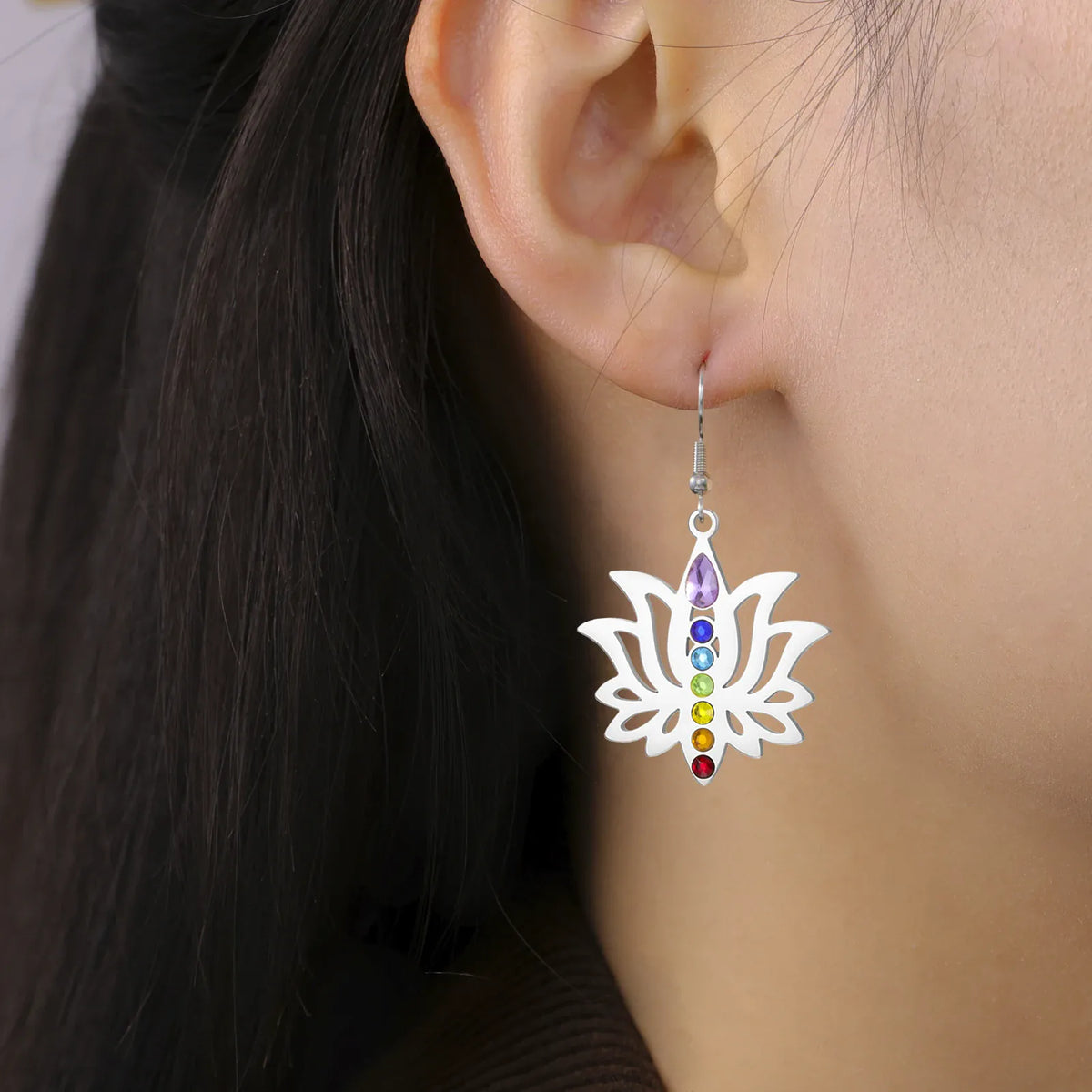 Boucles d'Oreilles Lotus 7 Chakras Goutte Violette