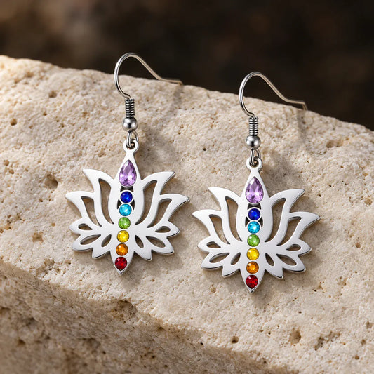 Boucles d'Oreilles Lotus 7 Chakras Goutte Violette