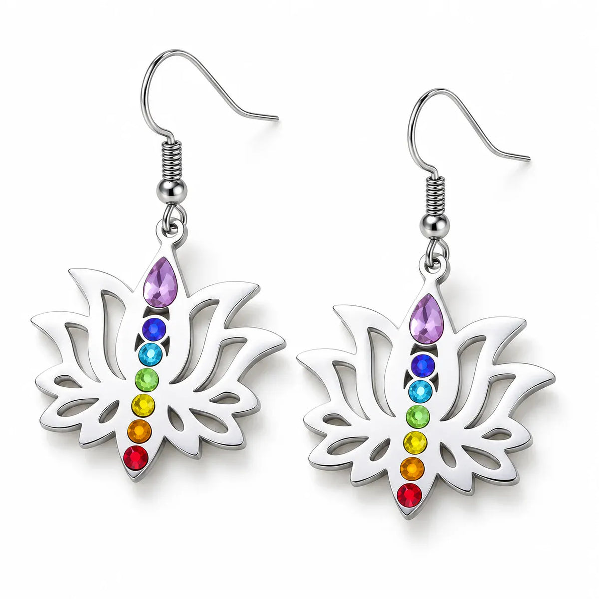 Boucles d'Oreilles Lotus 7 Chakras Goutte Violette Argenté