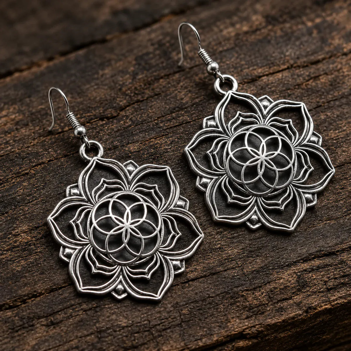 Boucles d'Oreilles Lotus Graine de Vie Argenté