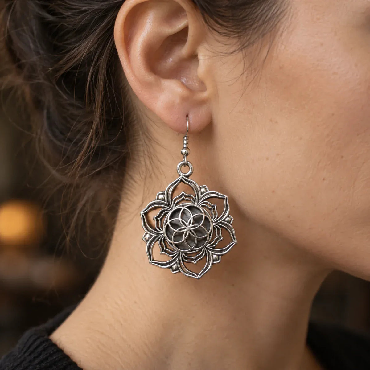 Boucles d'Oreilles Lotus Graine de Vie Argenté