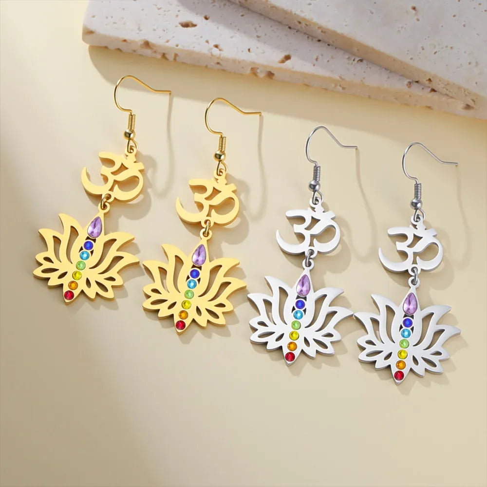 Boucles d'Oreilles Om et Lotus 7 Chakras Argenté
