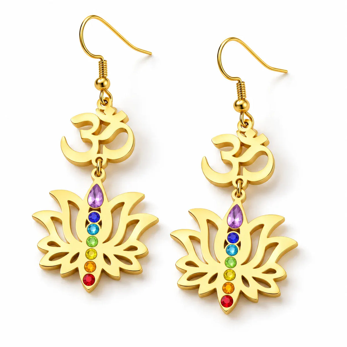 Boucles d'Oreilles Om et Lotus 7 Chakras Doré