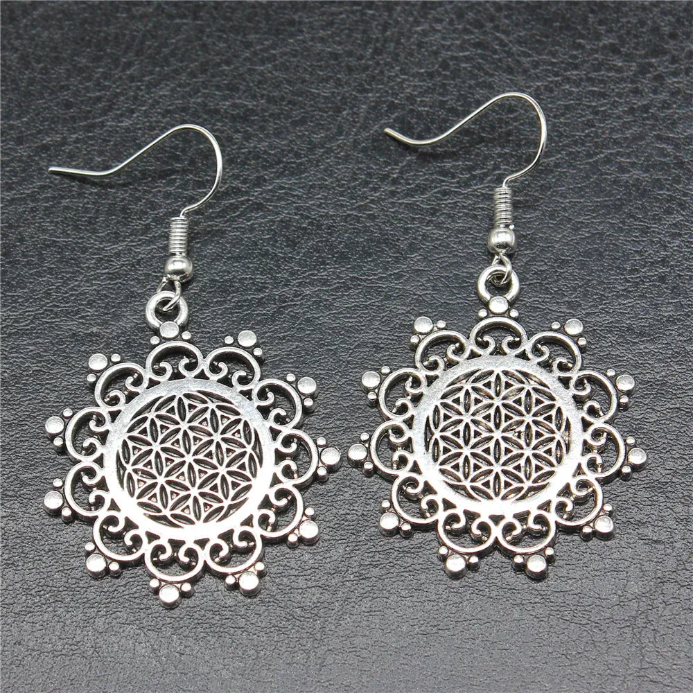 Boucles d'Oreilles Rosace Perlée Fleur de Vie Argenté
