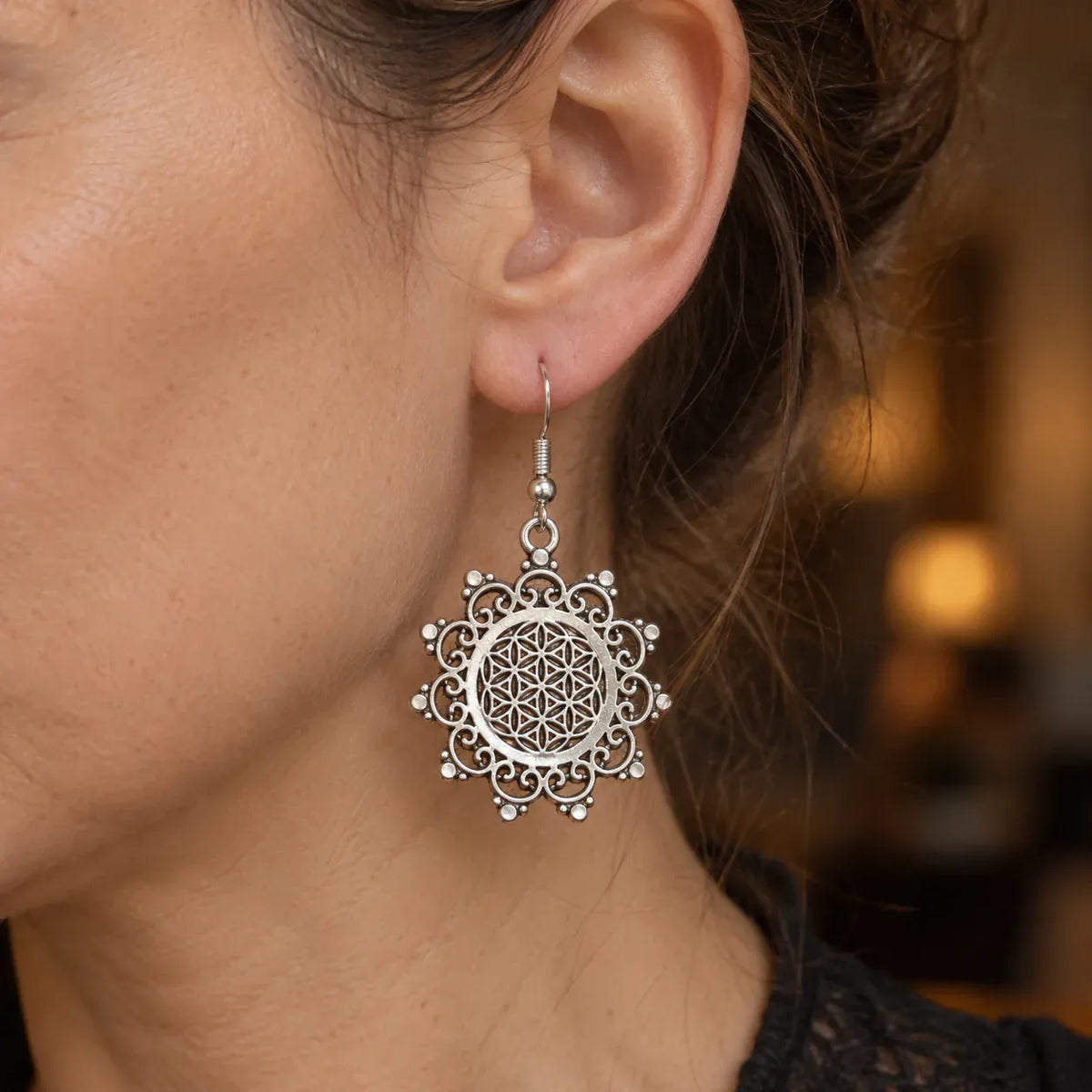 Boucles d'Oreilles Rosace Perlée Fleur de Vie Argenté
