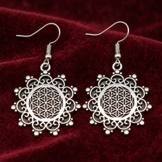 Boucles d'Oreilles Rosace Perlée Fleur de Vie Argenté
