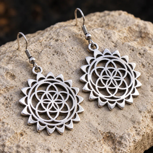 Boucles d'Oreilles Soleil Dentelé Graine de Vie Argenté