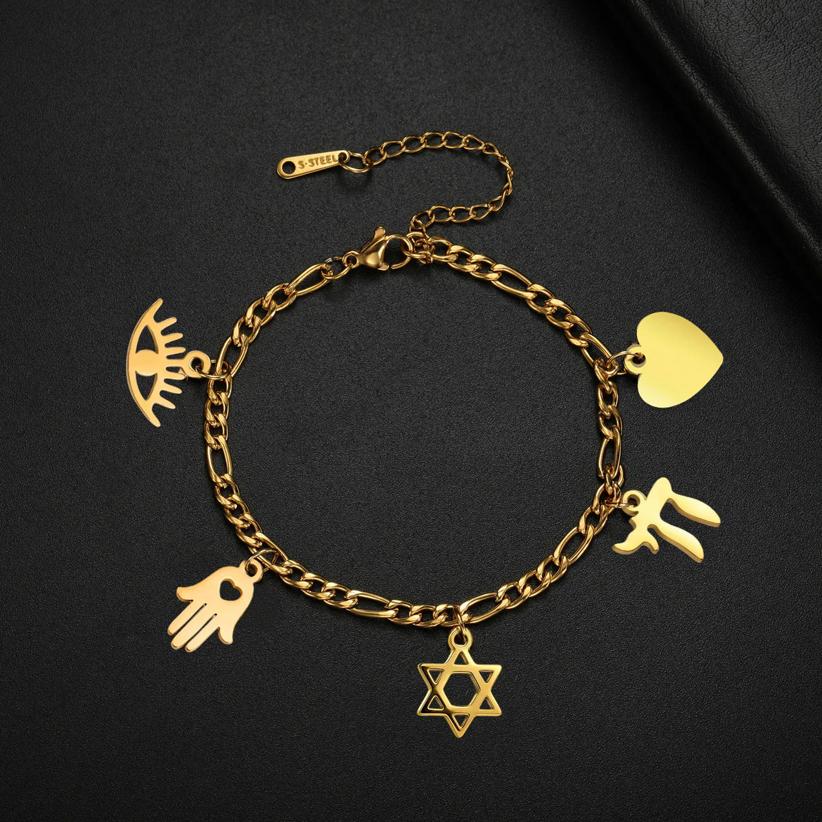 Bracelet à Breloques Main de Fatima, Chai et Étoile de David