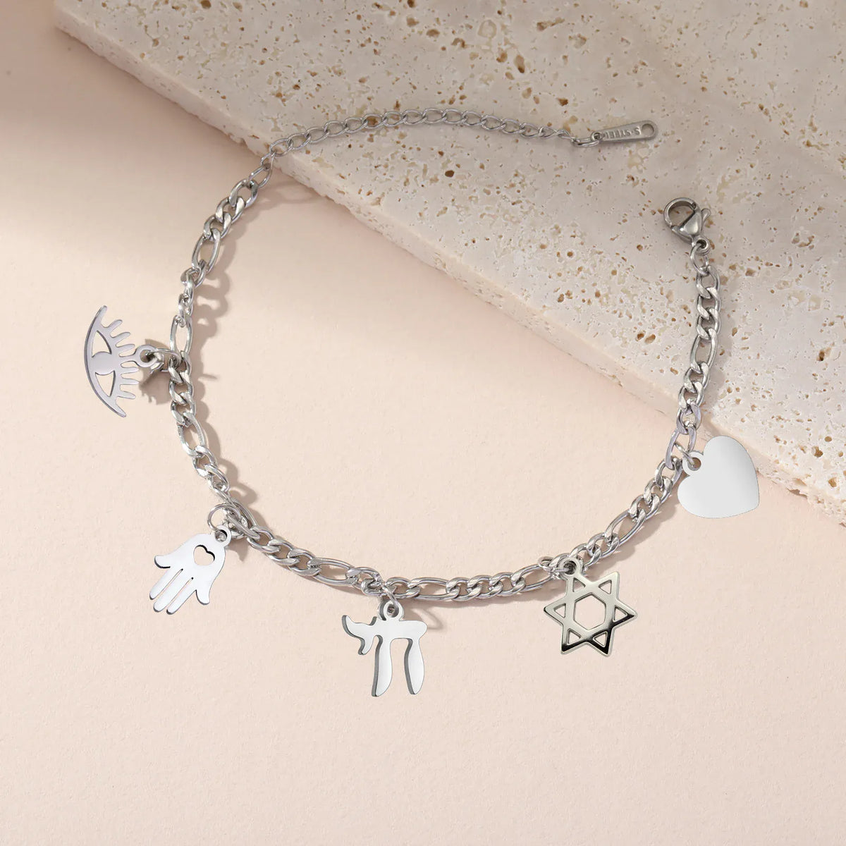 Bracelet à Breloques Main de Fatima, Chai et Étoile de David