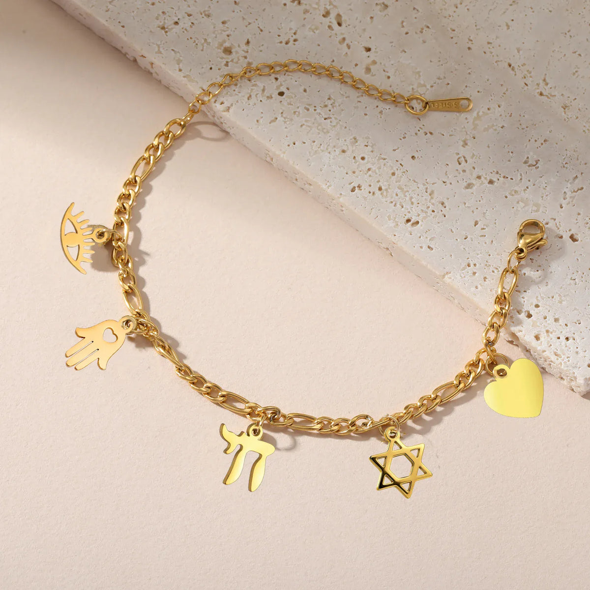 Bracelet à Breloques Main de Fatima, Chai et Étoile de David