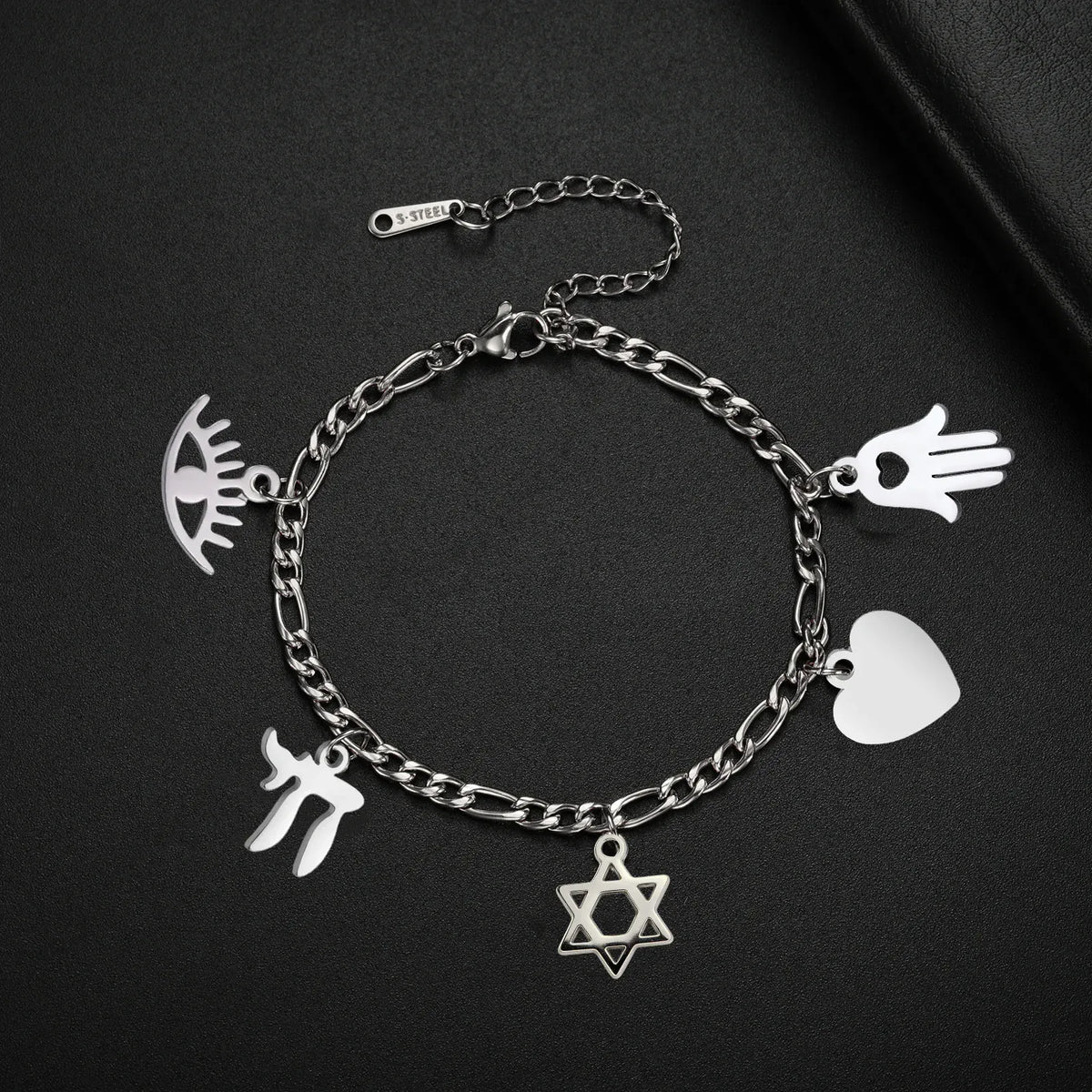 Bracelet à Breloques Main de Fatima, Chai et Étoile de David