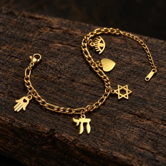 Bracelet à Breloques Main de Fatima, Chai et Étoile de David