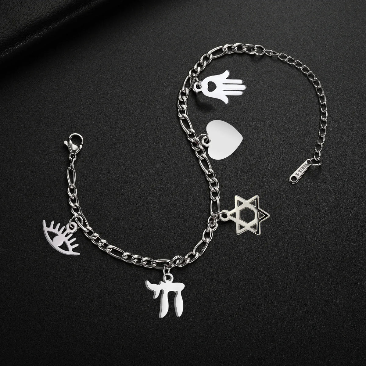 Bracelet à Breloques Main de Fatima, Chai et Étoile de David Argenté
