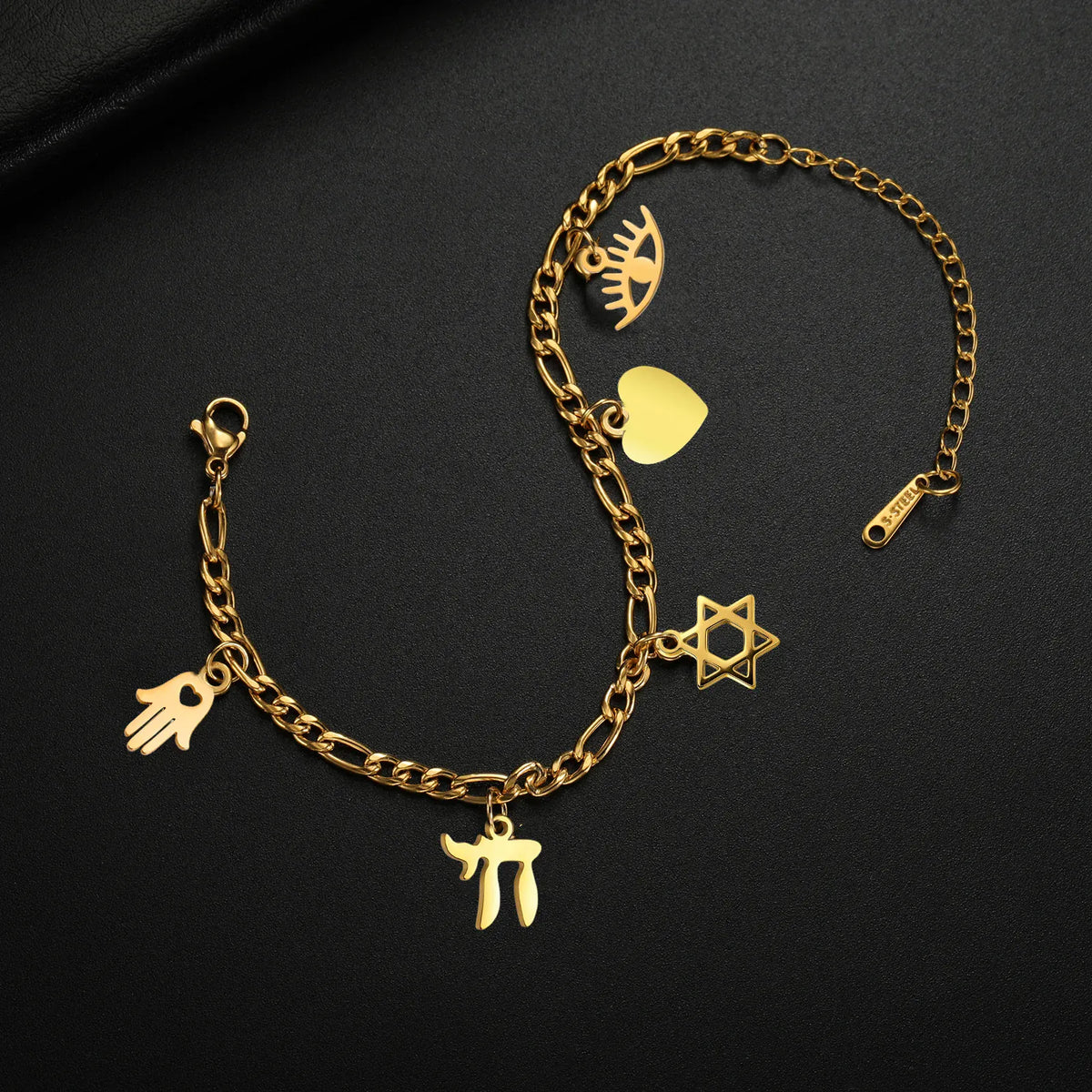 Bracelet à Breloques Main de Fatima, Chai et Étoile de David Doré