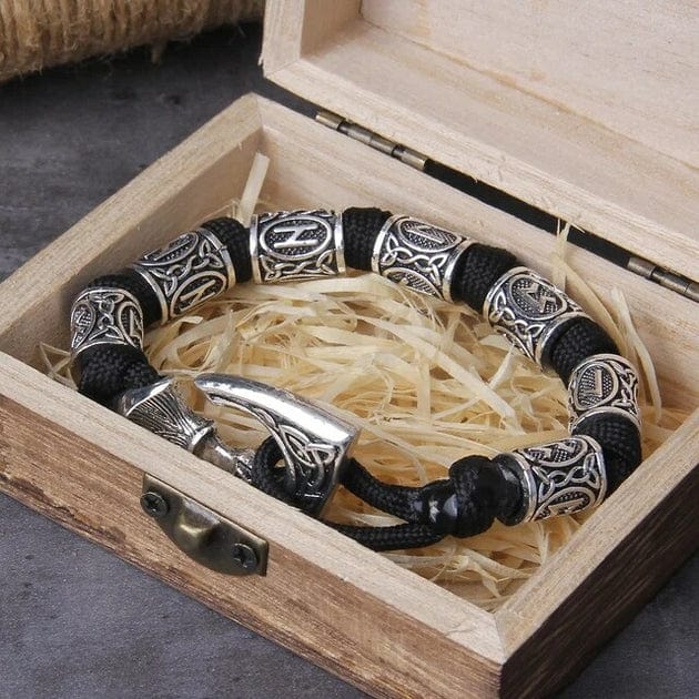 Bracelet à corde - Hache Runique Viking Noir / 19 cm