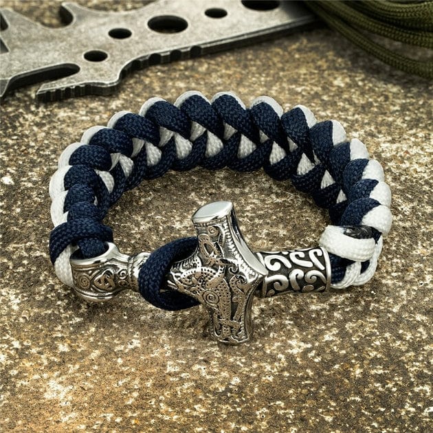 Bracelet à corde Viking Argenté - Mjolnir Blanc / 19 cm