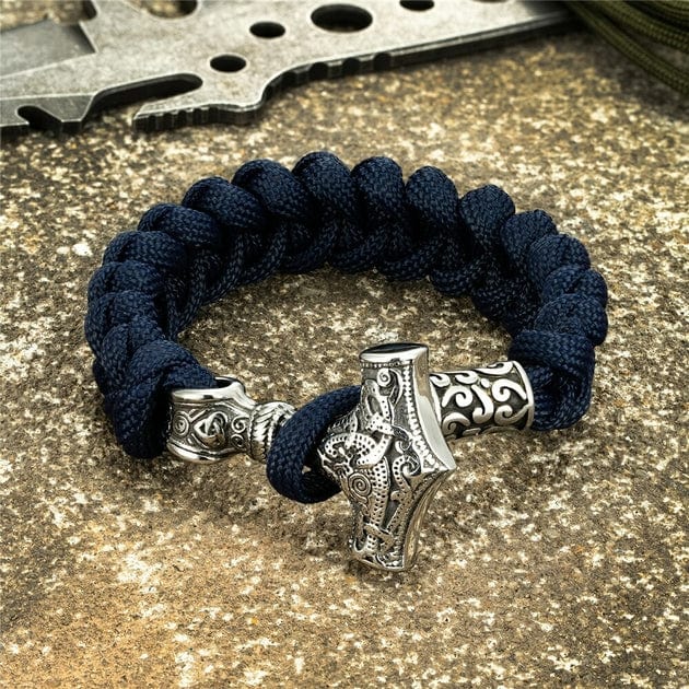 Bracelet à corde Viking Argenté - Mjolnir Bleu / 19 cm