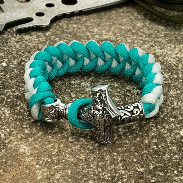 Bracelet à corde Viking Argenté - Mjolnir Cyan / 19 cm