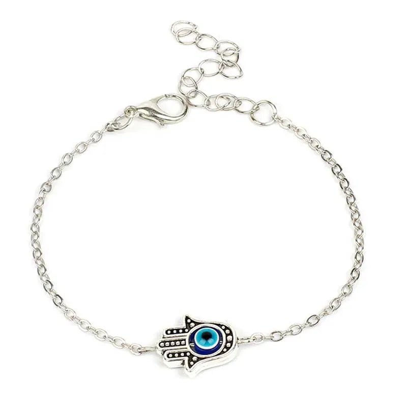 Bracelet Chaîne Fine Main de Fatima Œil Bleu Argenté