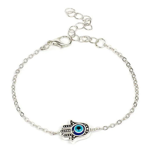 Bracelet Chaîne Fine Main de Fatima Œil Bleu Argenté