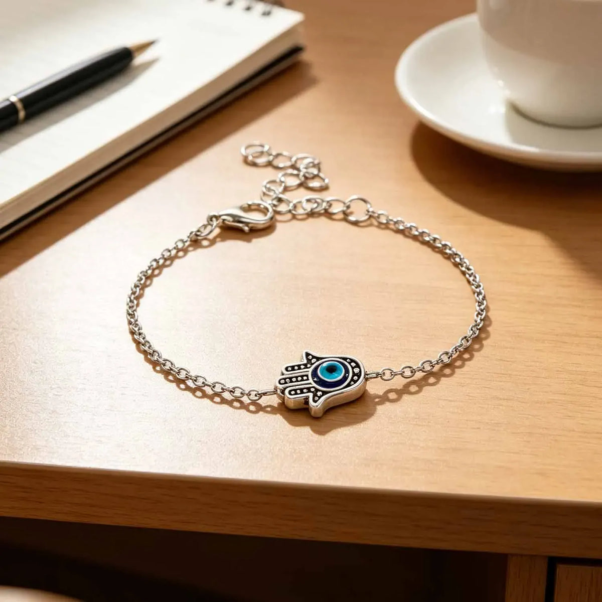 Bracelet Chaîne Fine Main de Fatima Œil Bleu Argenté