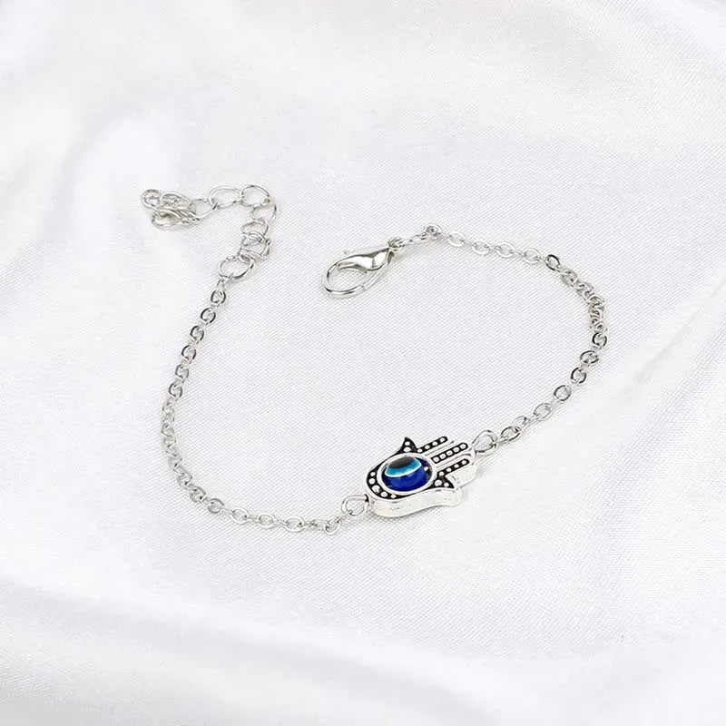 Bracelet Chaîne Fine Main de Fatima Œil Bleu Argenté