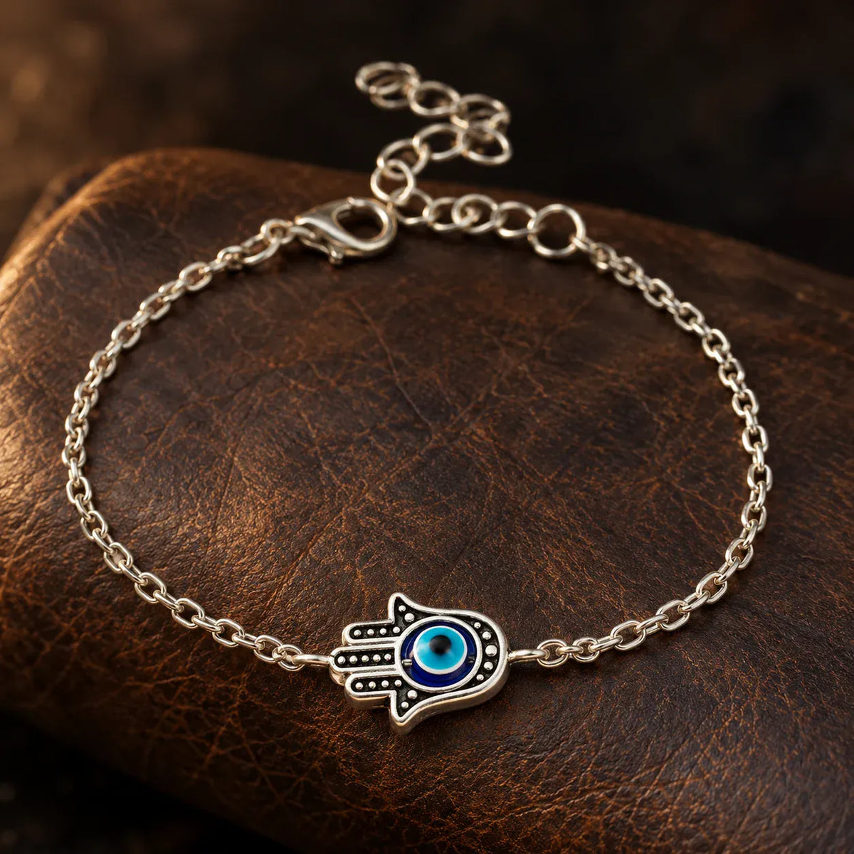 Bracelet Chaîne Fine Main de Fatima Œil Bleu Argenté