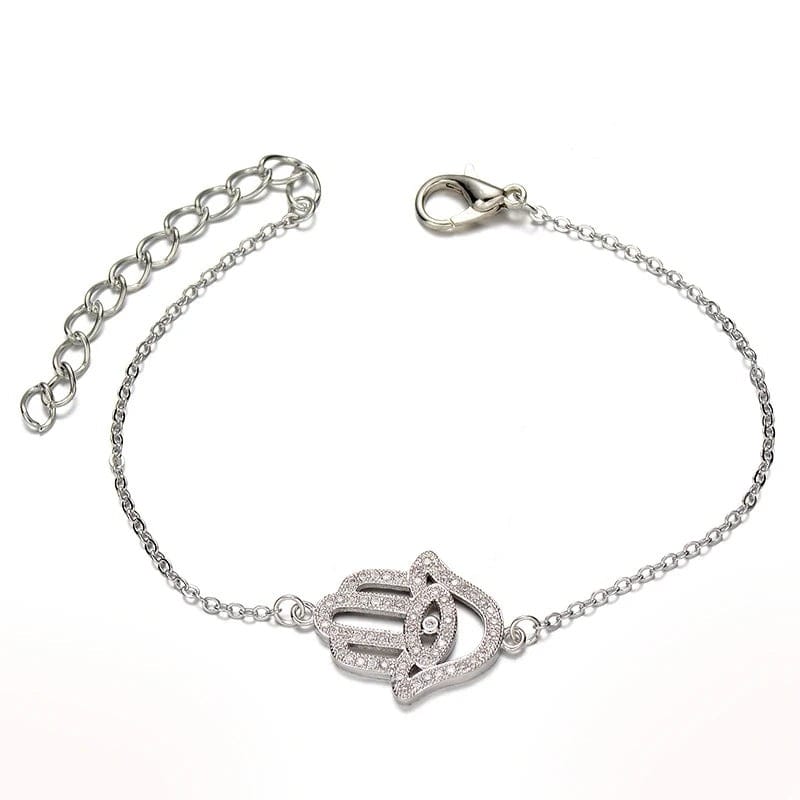 Bracelet Chaîne Main de Fatima Pavée à Œil Argenté