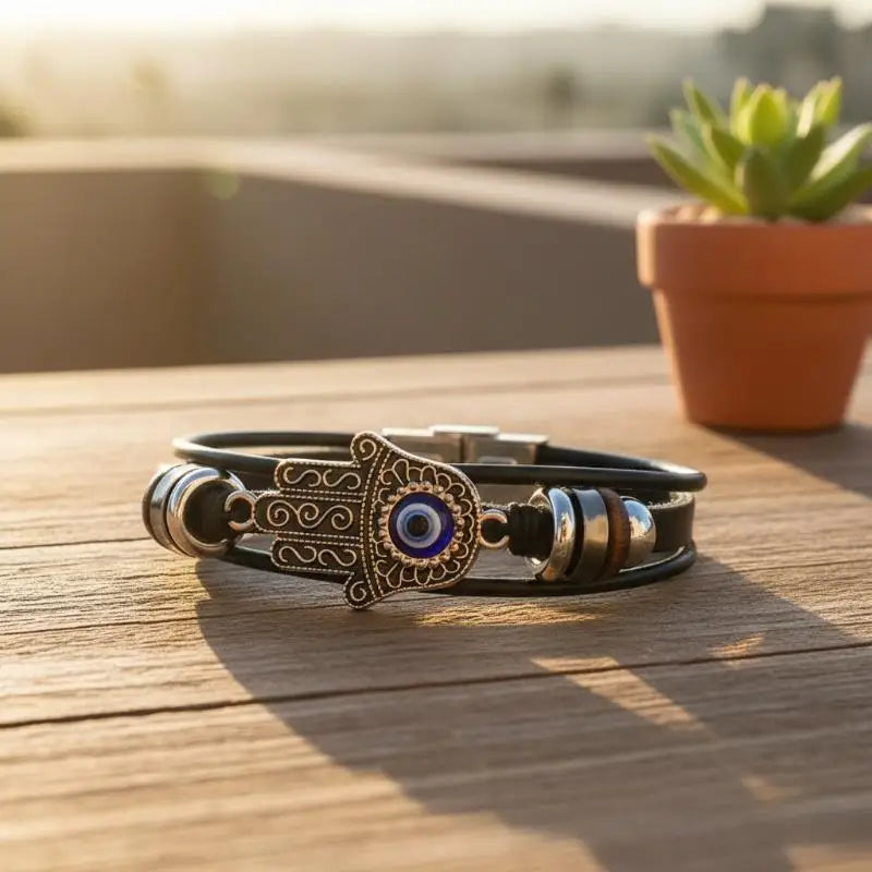 Bracelet Cuir Multirangs Main de Fatima et Œil