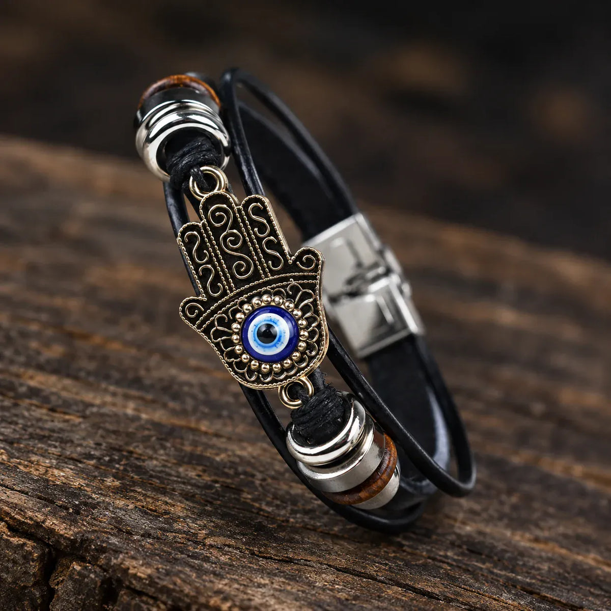 Bracelet Cuir Multirangs Main de Fatima et Œil