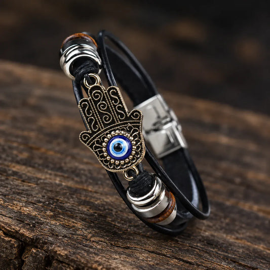 Bracelet Cuir Multirangs Main de Fatima et Œil