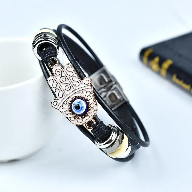 Bracelet Cuir Multirangs Main de Fatima et Œil Clair