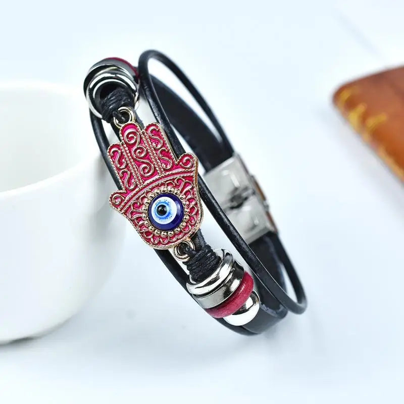 Bracelet Cuir Multirangs Main de Fatima et Œil Rose