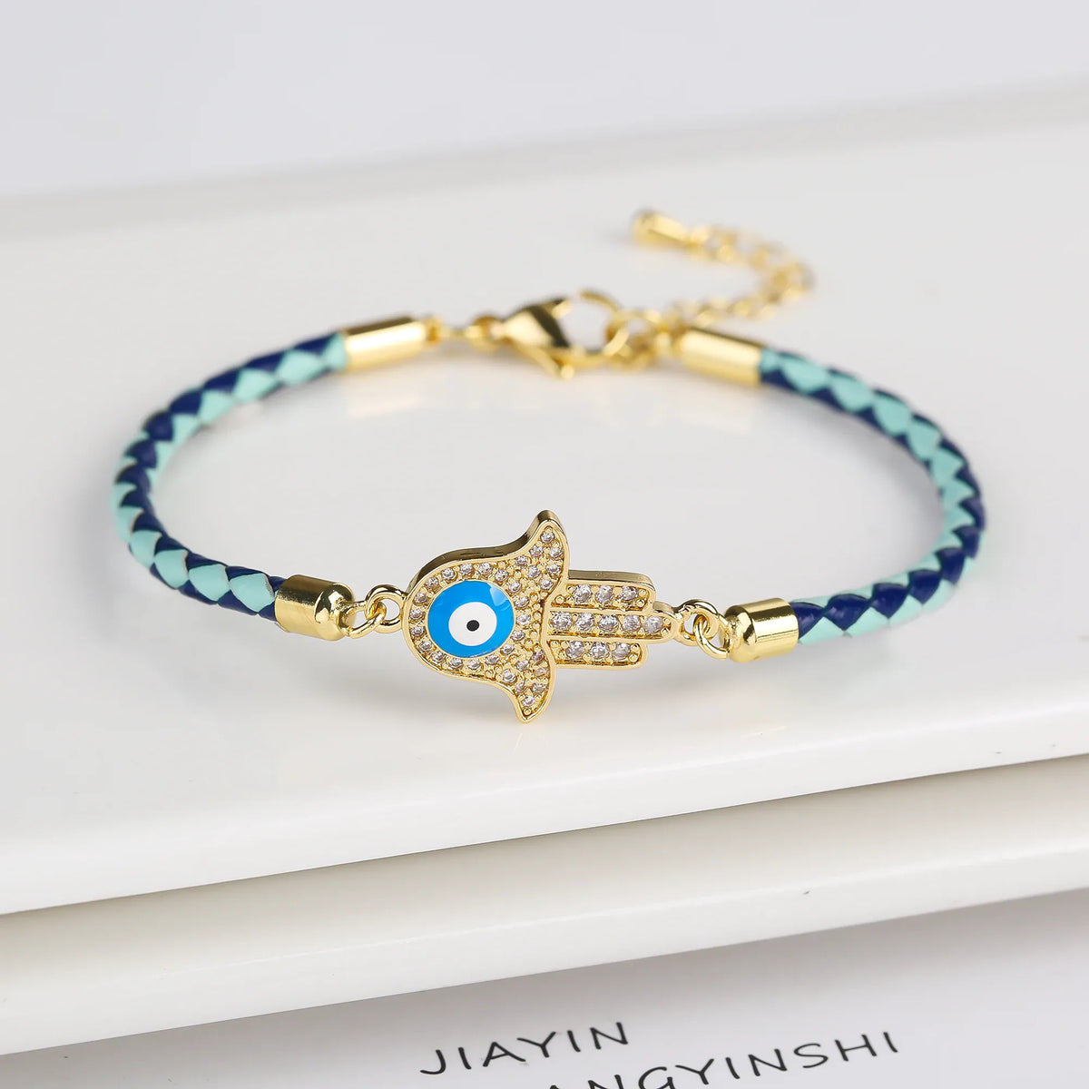 Bracelet Cuir Tressé Bleu Main de Fatima Sertie Bleu