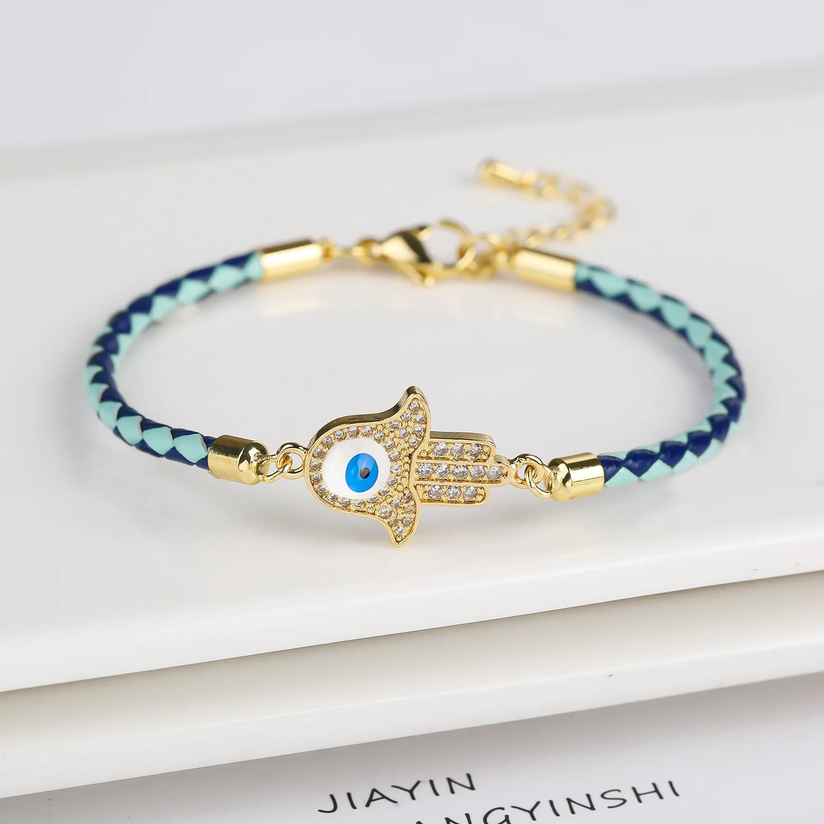 Bracelet Cuir Tressé Bleu Main de Fatima Sertie Bleu
