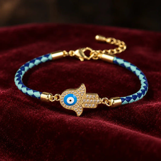 Bracelet Cuir Tressé Bleu Main de Fatima Sertie Bleu