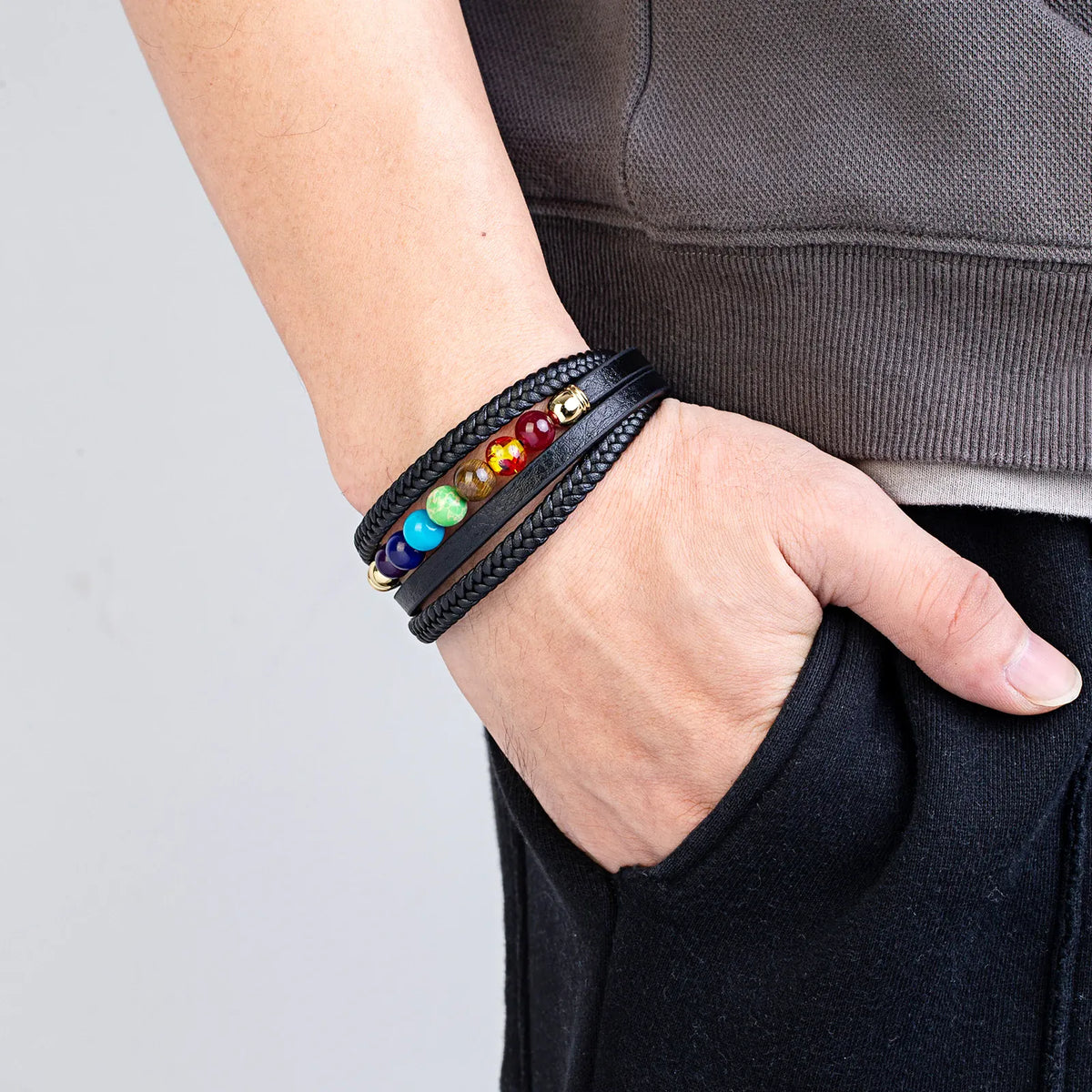 Bracelet Cuir Tressé Multirang 7 Chakras
