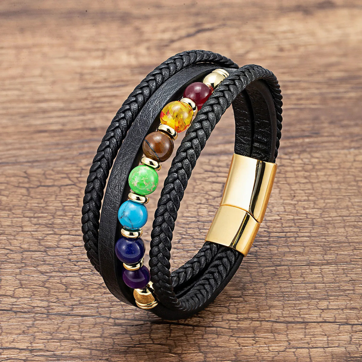 Bracelet Cuir Tressé Multirang 7 Chakras