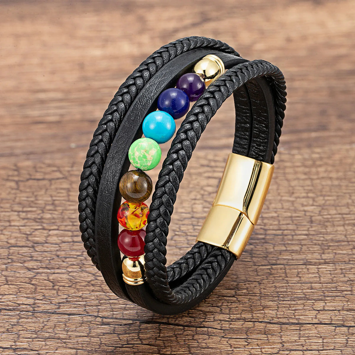Bracelet Cuir Tressé Multirang 7 Chakras