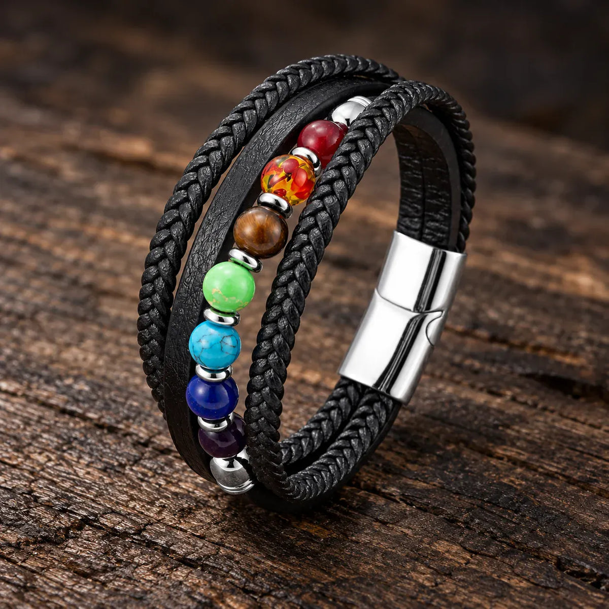 Bracelet Cuir Tressé Multirang 7 Chakras