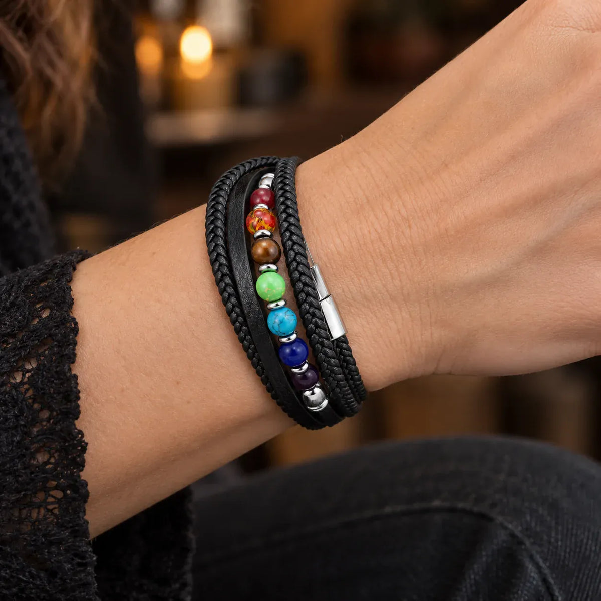 Bracelet Cuir Tressé Multirang 7 Chakras