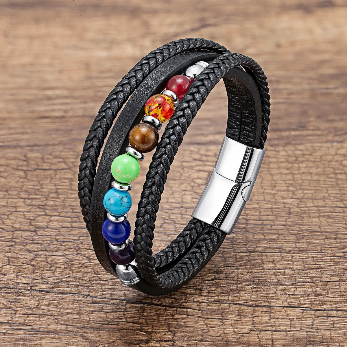 Bracelet Cuir Tressé Multirang 7 Chakras Argenté espacé / 19 cm